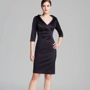 Kay Unger Portrait Women 4 Black Satin Sheath Dress V-Neck Evening Glam Chic